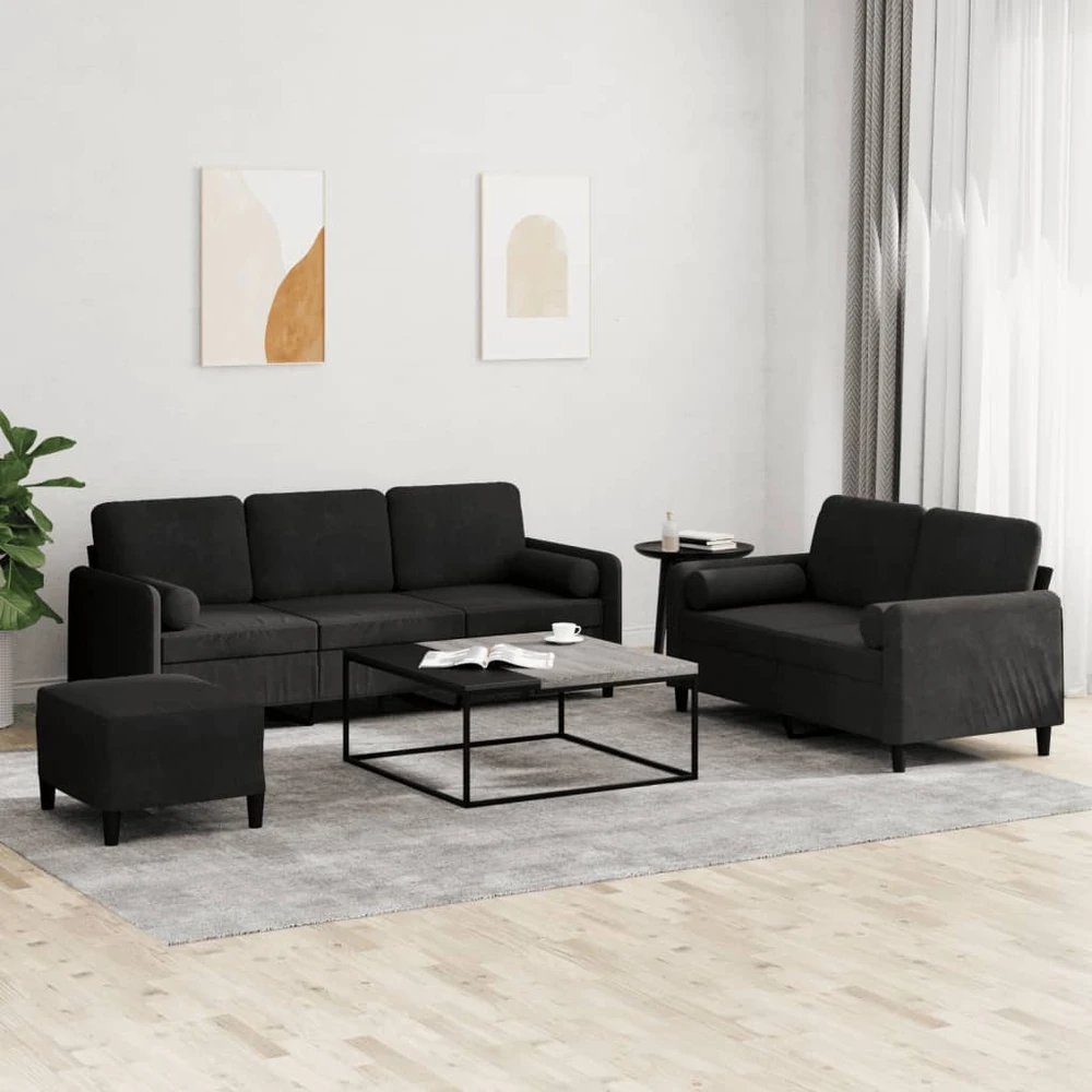 Sofa Sofos komplektas su pagalvėmis, 3 dalių, juodas, aksomas