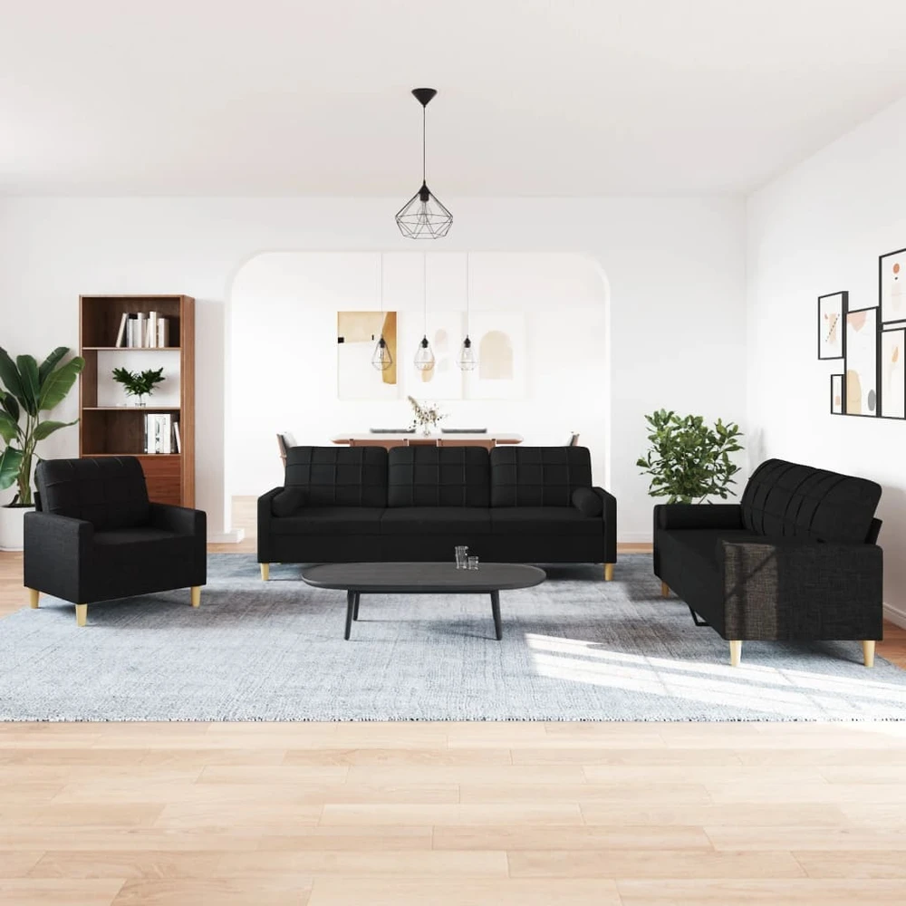 Sofa Sofos komplektas su pagalvėmis, 3 dalių, juodas, audinys