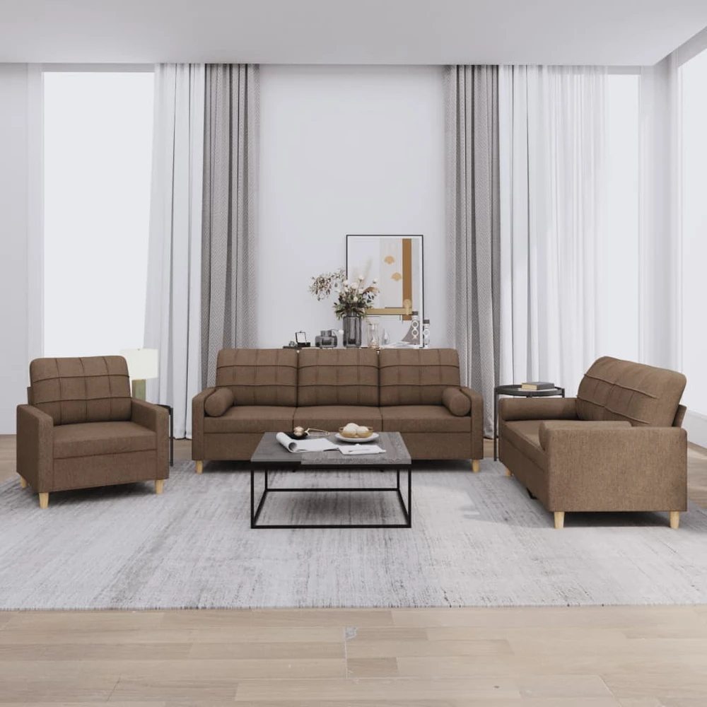 Sofa Sofos komplektas su pagalvėmis, 3 dalių, rudas, audinys