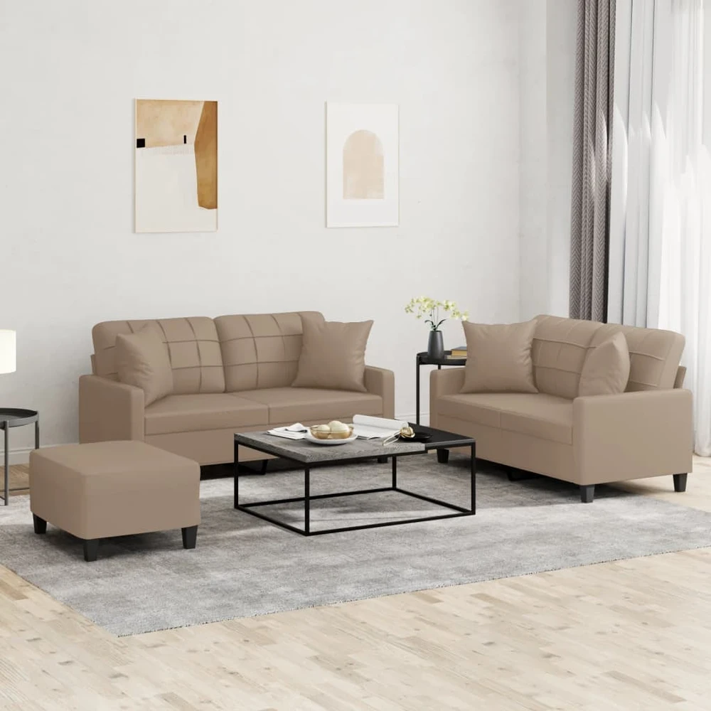 Sofa Sofos komplektas su pagalvėmis, 3 dalių, kapučino, dirbtinė oda