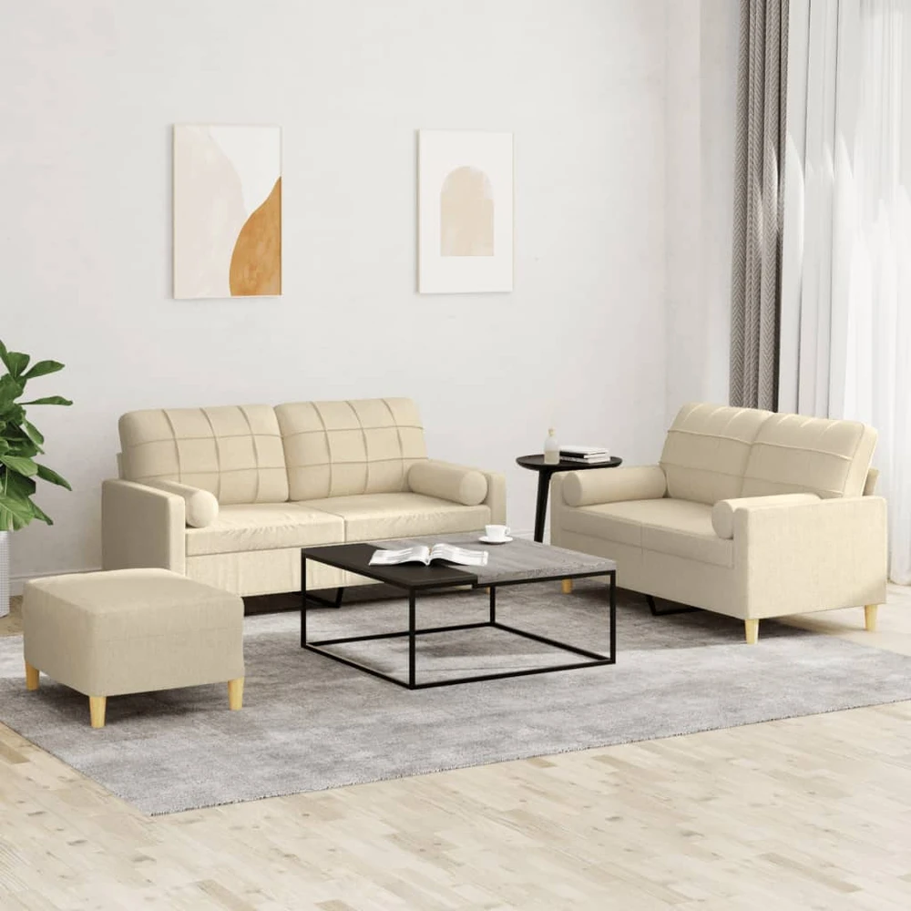 Sofa Sofos komplektas su pagalvėmis, 3 dalių, kreminis, audinys