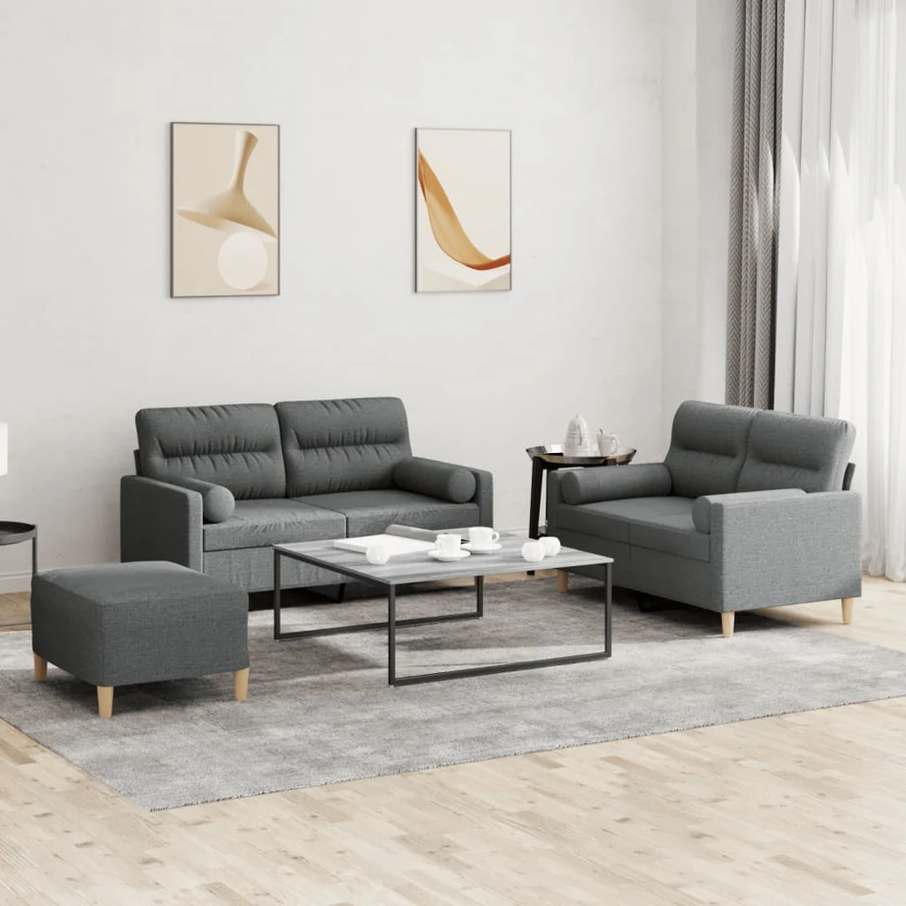 Sofa Sofos komplektas su pagalvėmis, 3 dalių, pilkas, audinys