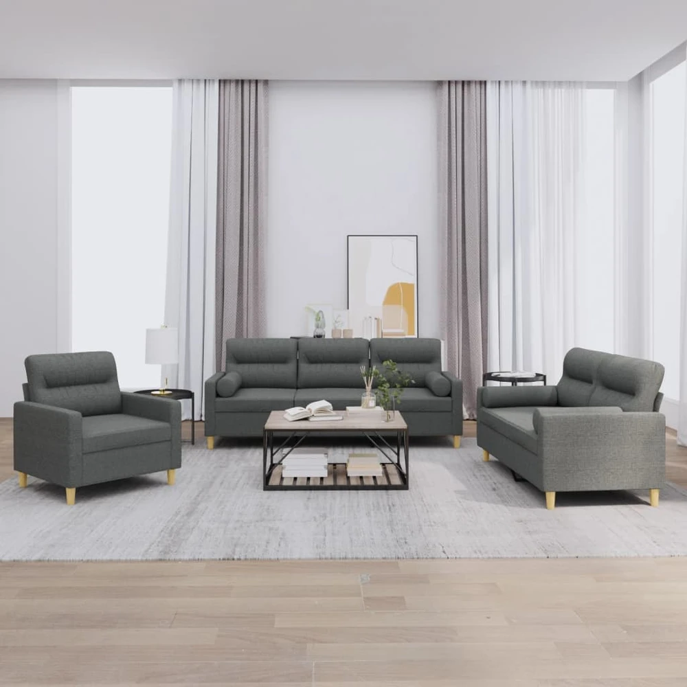 Sofa Sofos komplektas su pagalvėmis, 3 dalių, pilkas, audinys