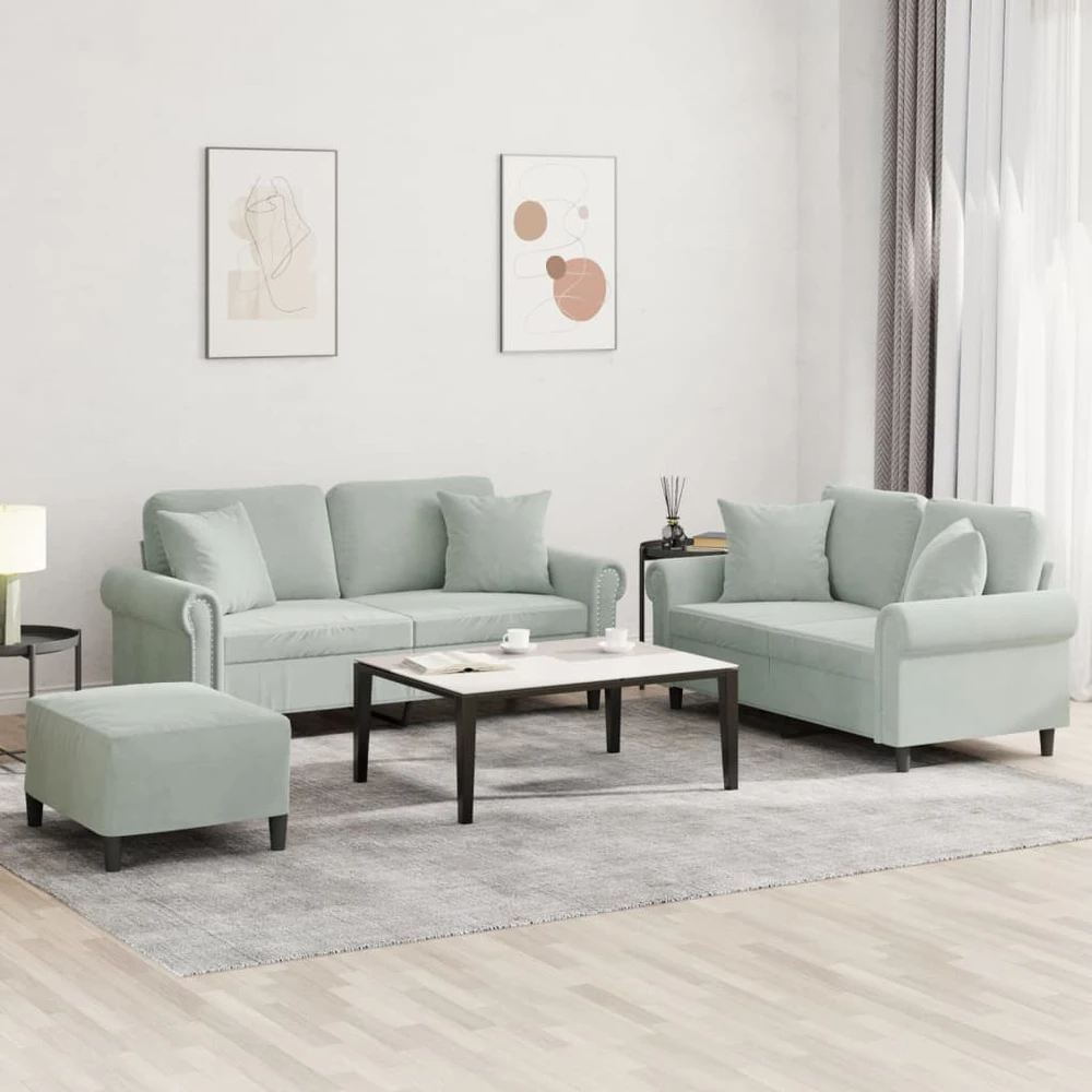Sofa Sofos komplektas su pagalvėmis, 3 dalių, pilkas, aksomas