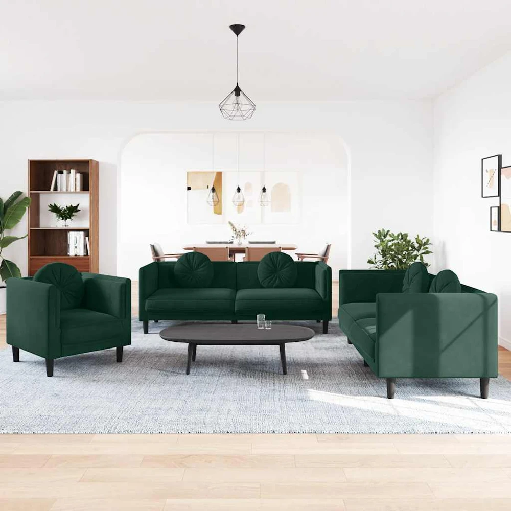 Sofa Sofos komplektas su pagalvėmis, 3 dalių, žalias, aksomas