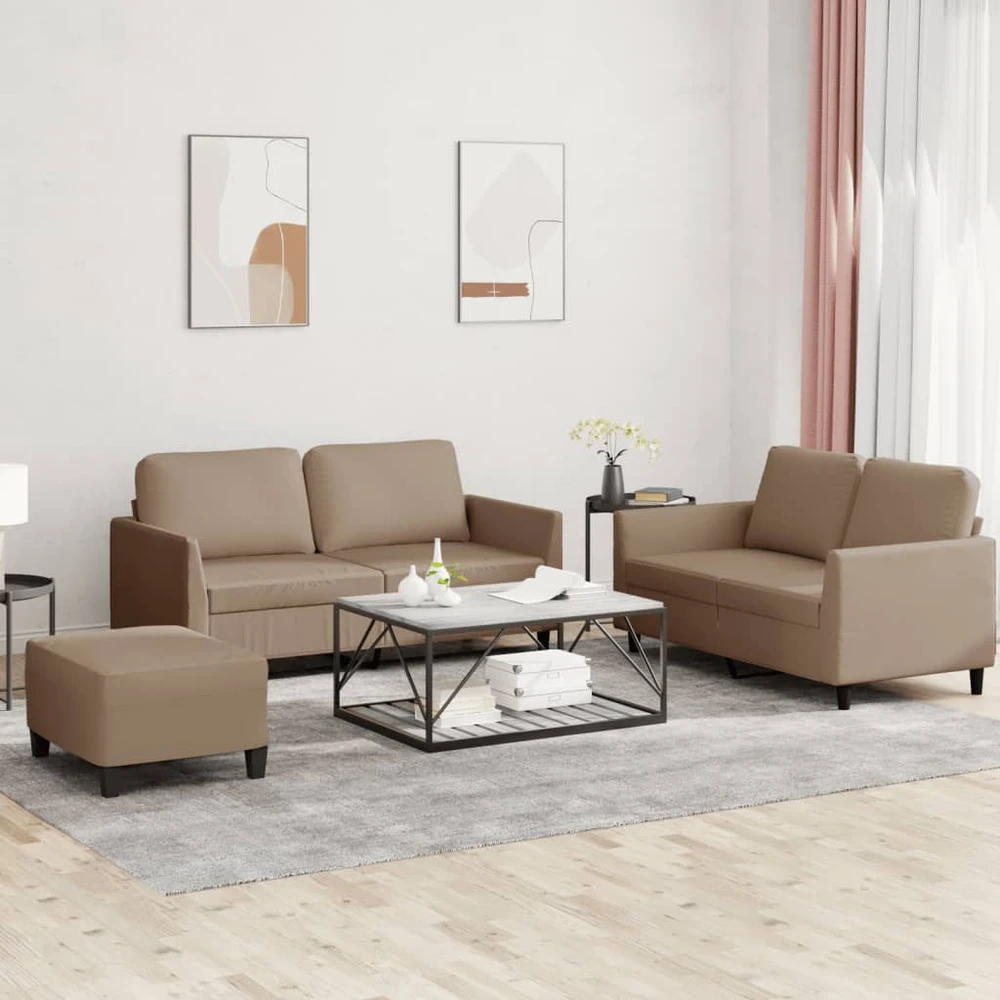 Sofa Sofos komplektas su pagalvėmis, 3 dalių, kapučino, dirbtinė oda