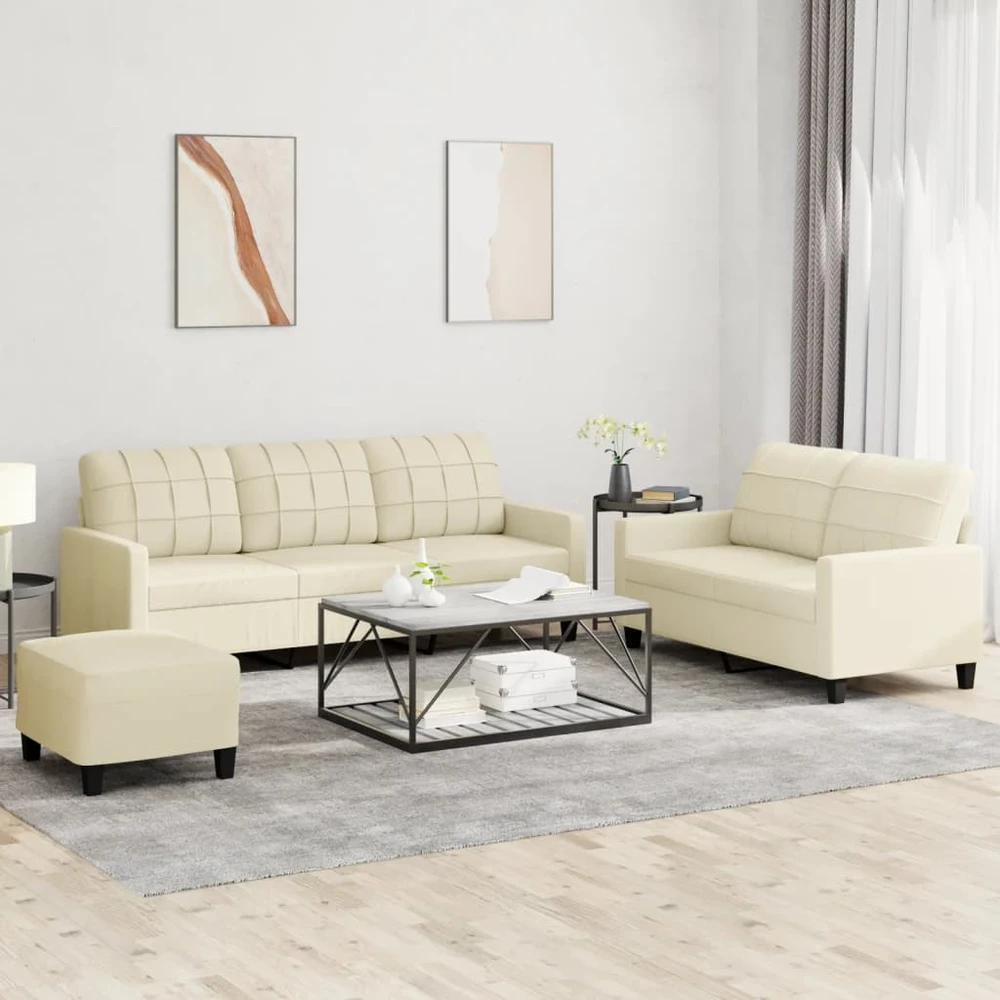 Sofa Sofos komplektas su pagalvėmis, 3 dalių, kreminis, dirbtinė oda
