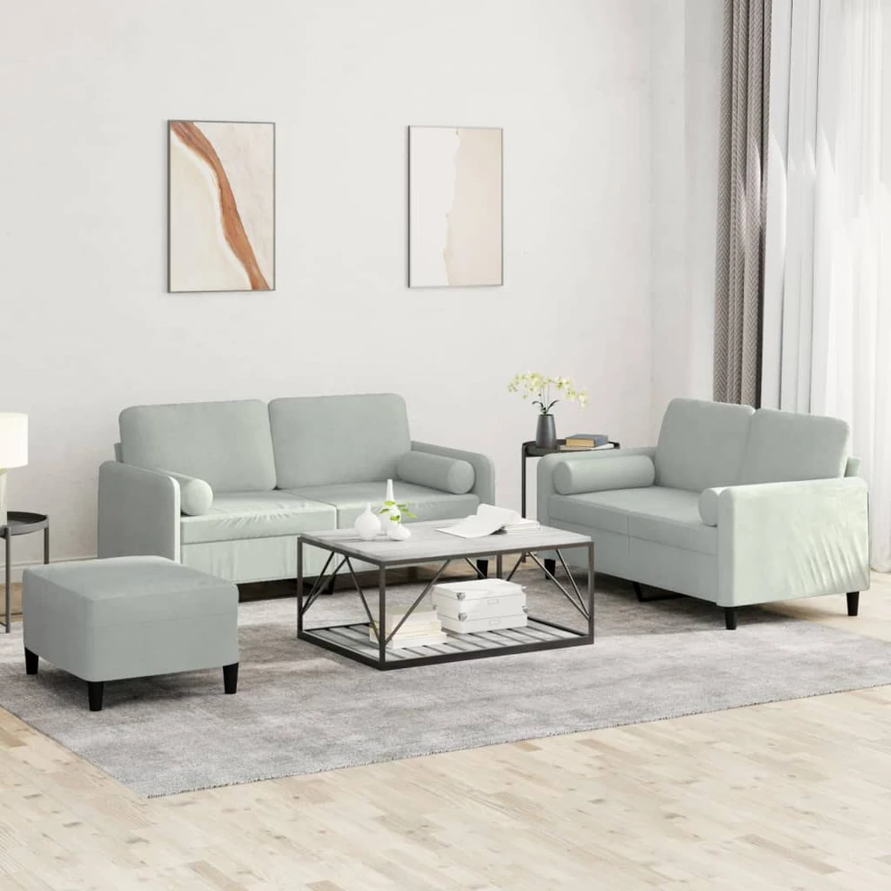 Sofa Sofos komplektas su pagalvėmis, 3 dalių, pilkas, aksomas