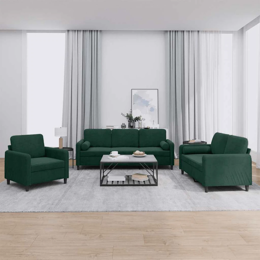 Sofa Sofos komplektas su pagalvėmis, 3 dalių, žalias, aksomas