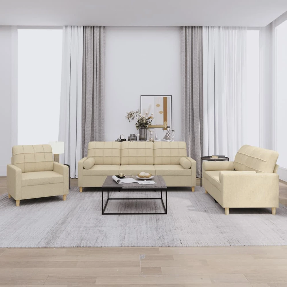 Sofa Sofos komplektas su pagalvėmis, 3 dalių, kreminis, audinys