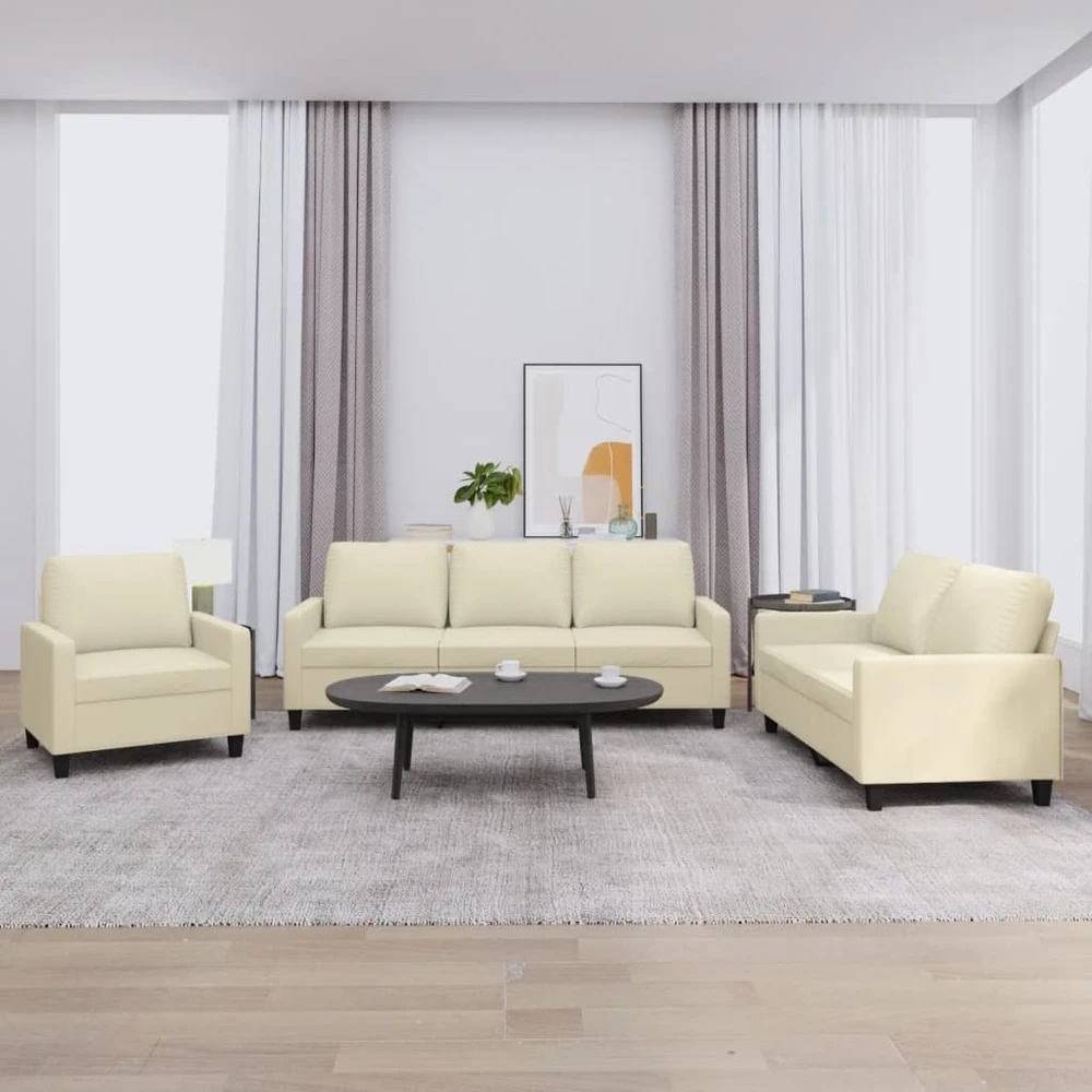 Sofa Sofos komplektas su pagalvėmis, 3 dalių, kreminis, dirbtinė oda