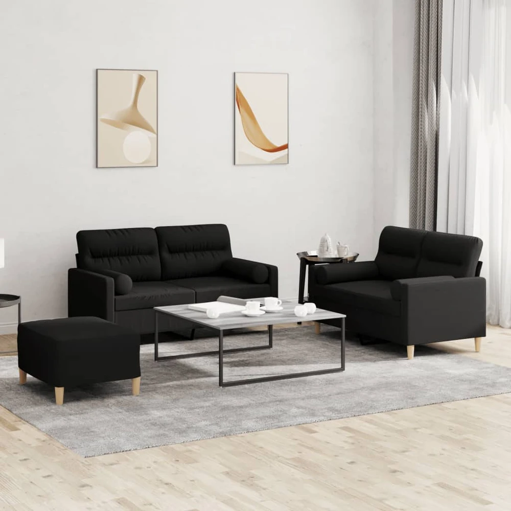 Sofa Sofos komplektas su pagalvėmis, 3 dalių, juodas, audinys