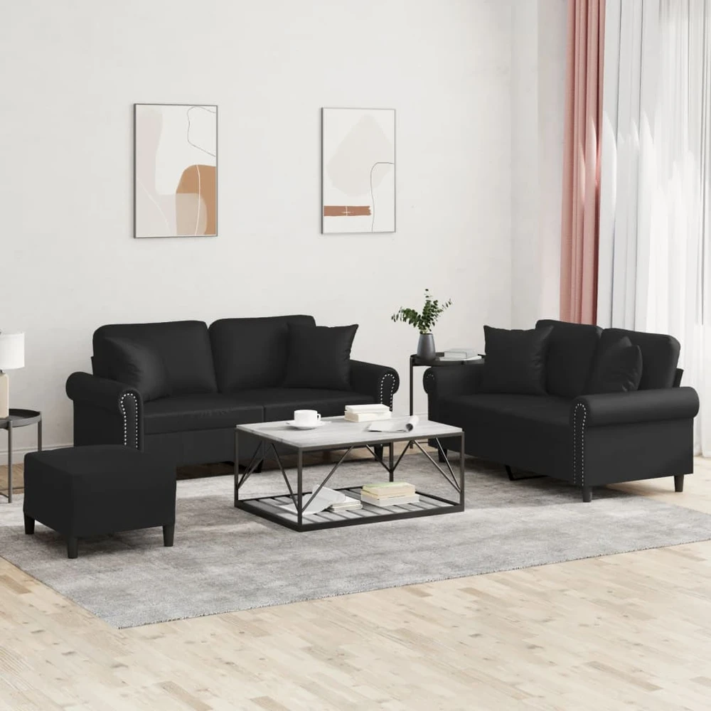 Sofa Sofos komplektas su pagalvėmis, 3 dalių, juodas, dirbtinė oda
