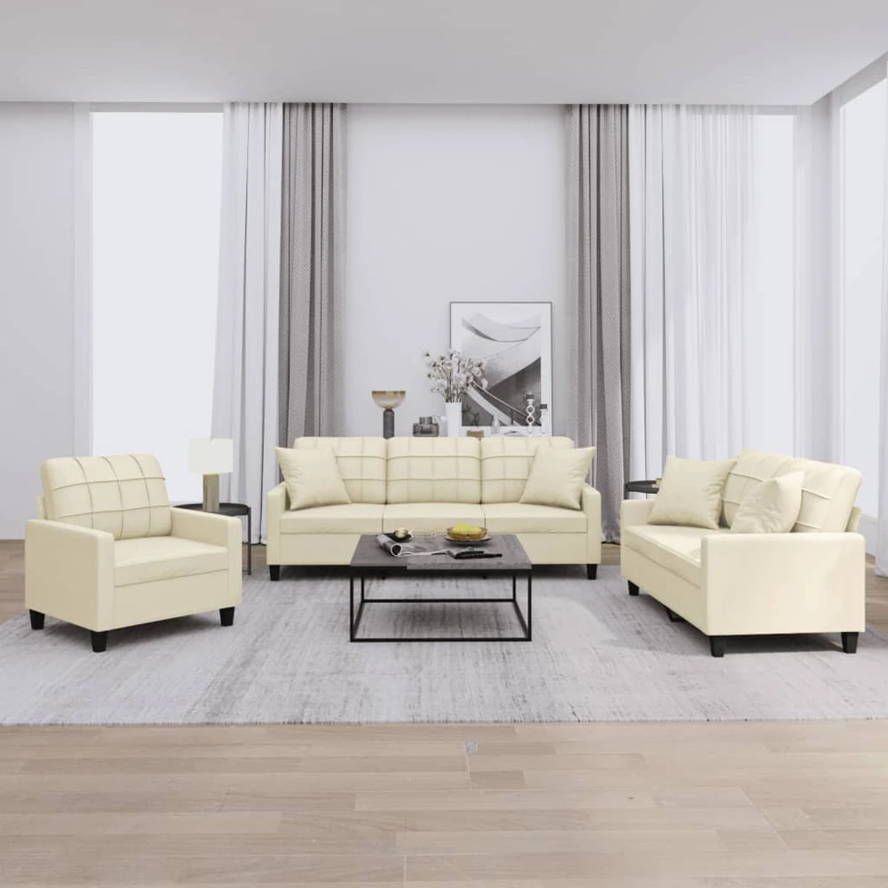 Sofa Sofos komplektas su pagalvėmis, 3 dalių, kreminis, dirbtinė oda