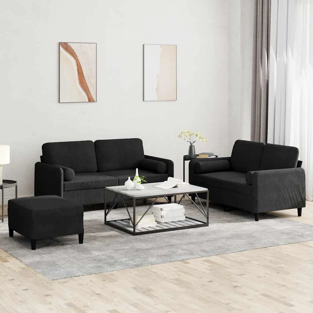 Sofa Sofos komplektas su pagalvėmis, 3 dalių, juodas, aksomas