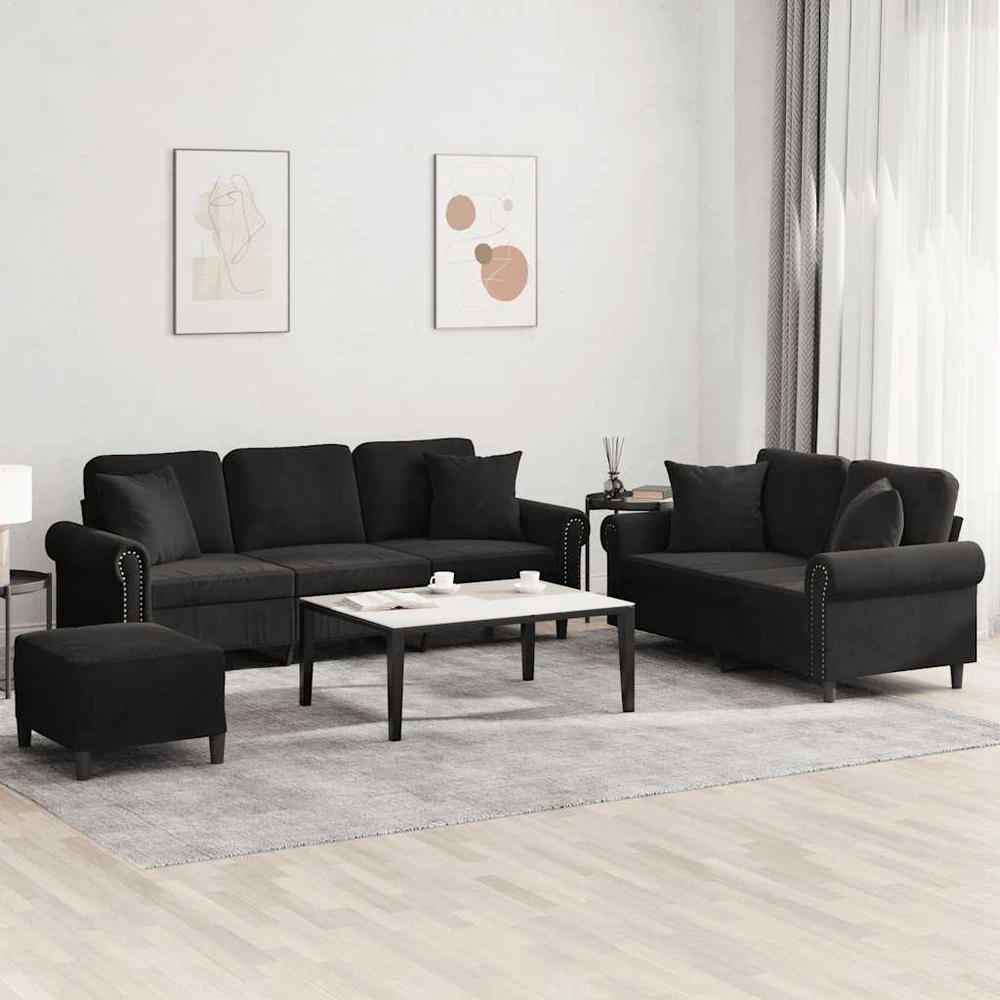 Sofa Sofos komplektas su pagalvėmis, 3 dalių, juodas, aksomas