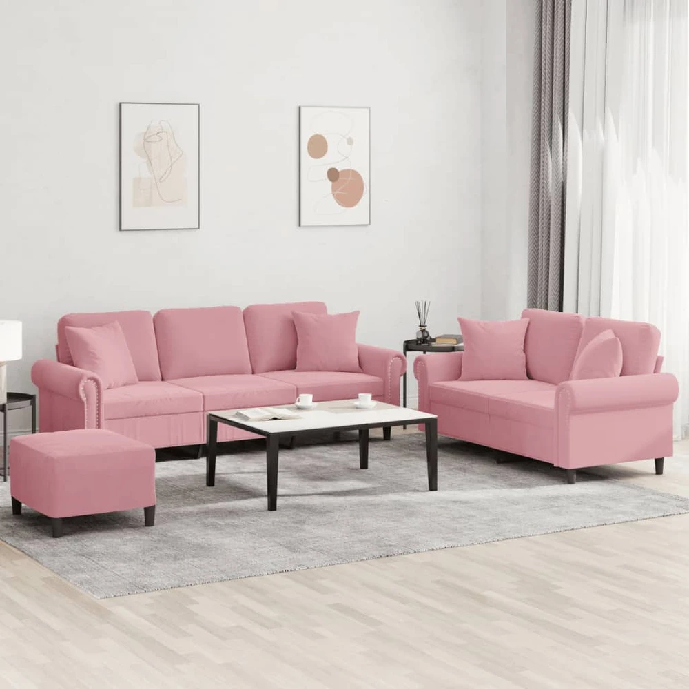 Sofa Sofos komplektas su pagalvėmis, 3 dalių, rožinis, aksomas