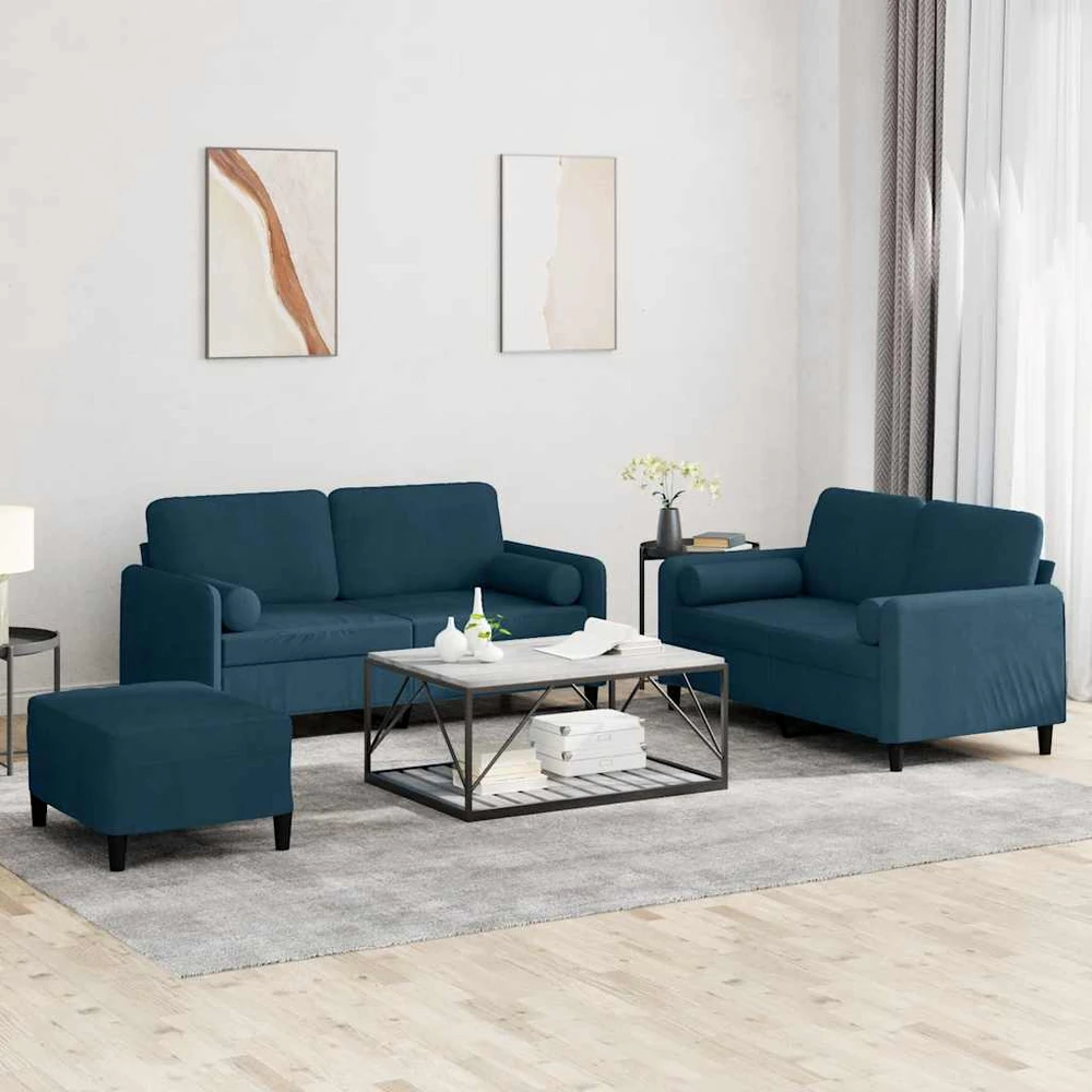 Sofa Sofos komplektas su pagalvėmis, 3 dalių, mėlynas, aksomas