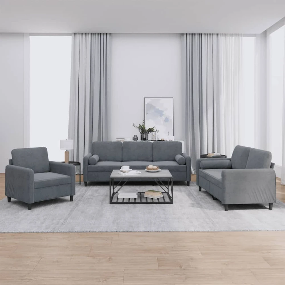 Sofa Sofos komplektas su pagalvėmis, 3 dalių, pilkas, aksomas