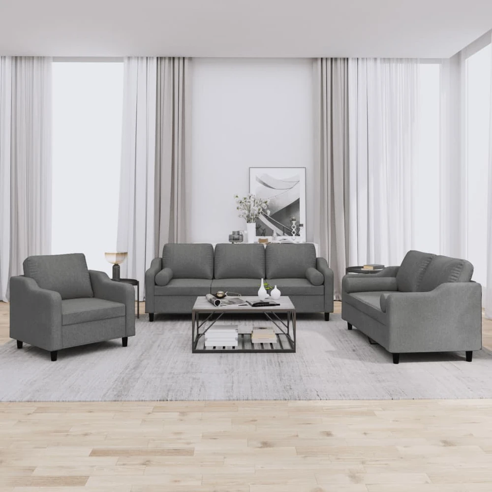Sofa Sofos komplektas su pagalvėmis, 3 dalių, pilkas, audinys