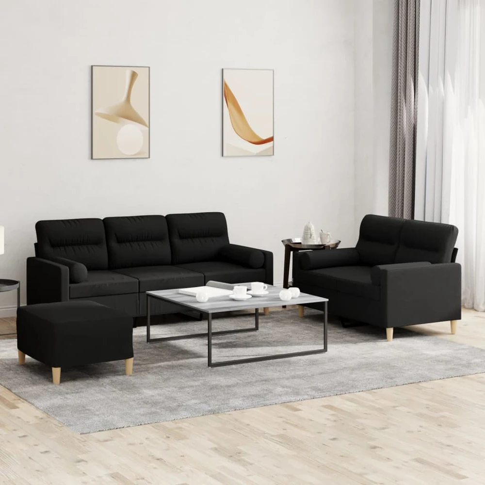 Sofa Sofos komplektas su pagalvėmis, 3 dalių, juodas, audinys