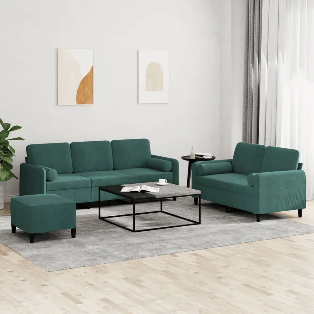 Sofa Sofos komplektas su pagalvėmis, 3 dalių, žalias, aksomas