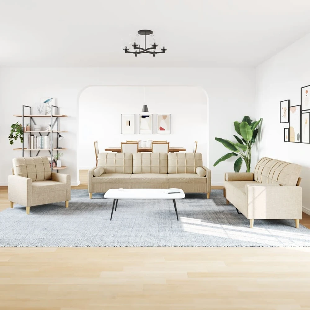 Sofa Sofos komplektas su pagalvėmis, 3 dalių, kreminis, audinys