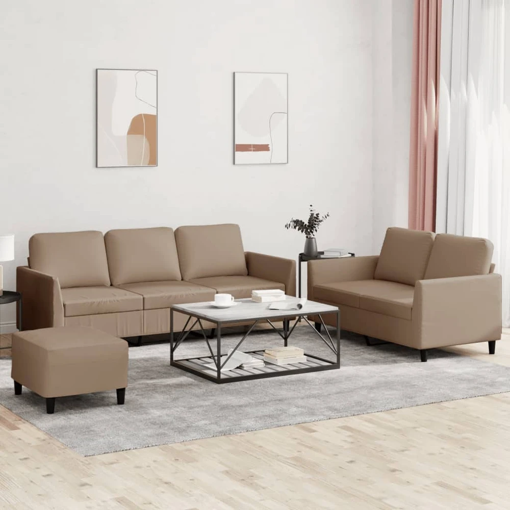 Sofa Sofos komplektas su pagalvėmis, 3 dalių, kapučino, dirbtinė oda