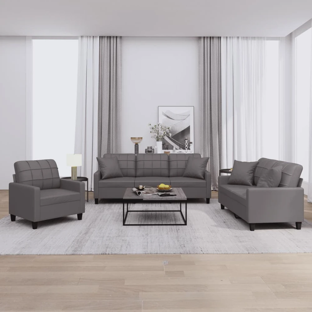 Sofa Sofos komplektas su pagalvėmis, 3 dalių, pilkas, dirbtinė oda