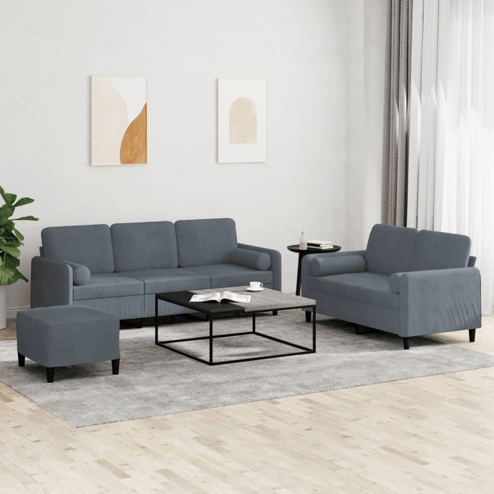 Sofa Sofos komplektas su pagalvėmis, 3 dalių, pilkas, aksomas