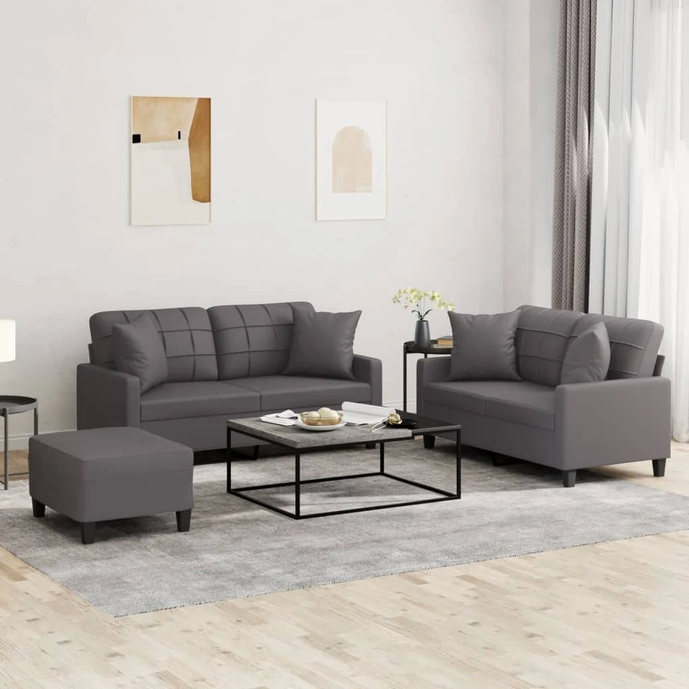 Sofa Sofos komplektas su pagalvėmis, 3 dalių, pilkas, dirbtinė oda