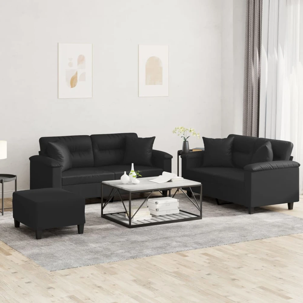 Sofa Sofos komplektas su pagalvėmis, 3 dalių, juodas, dirbtinė oda