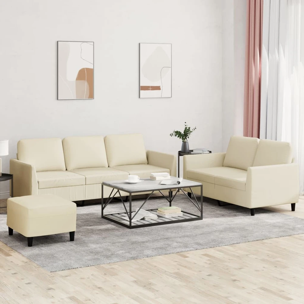 Sofa Sofos komplektas su pagalvėmis, 3 dalių, kreminis, dirbtinė oda