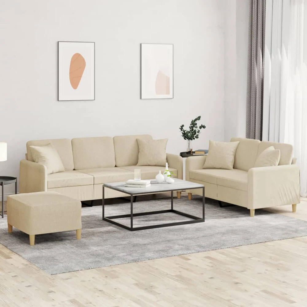 Sofa Sofos komplektas su pagalvėmis, 3 dalių, kreminis, audinys