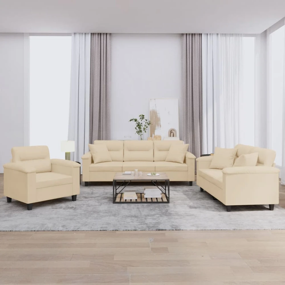 Sofa Sofos komplektas su pagalvėmis, 3 dalių, kreminis, audinys