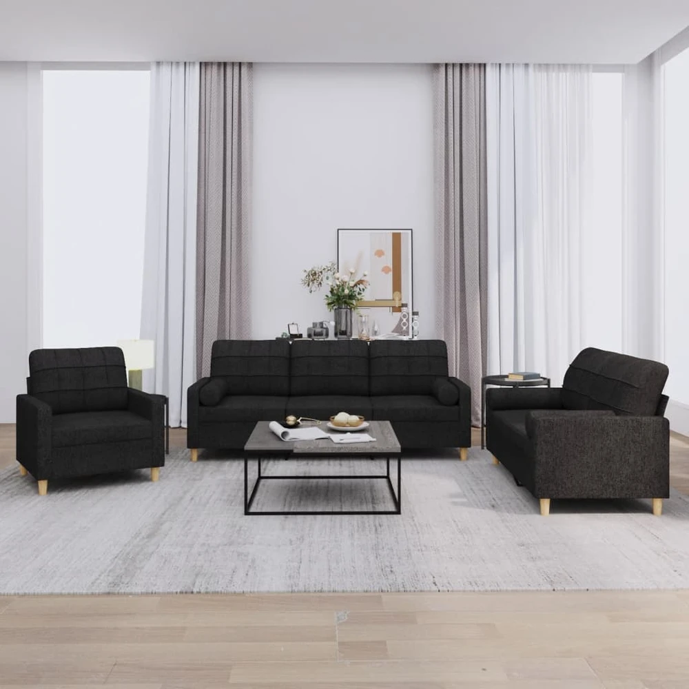 Sofa Sofos komplektas su pagalvėmis, 3 dalių, juodas, audinys