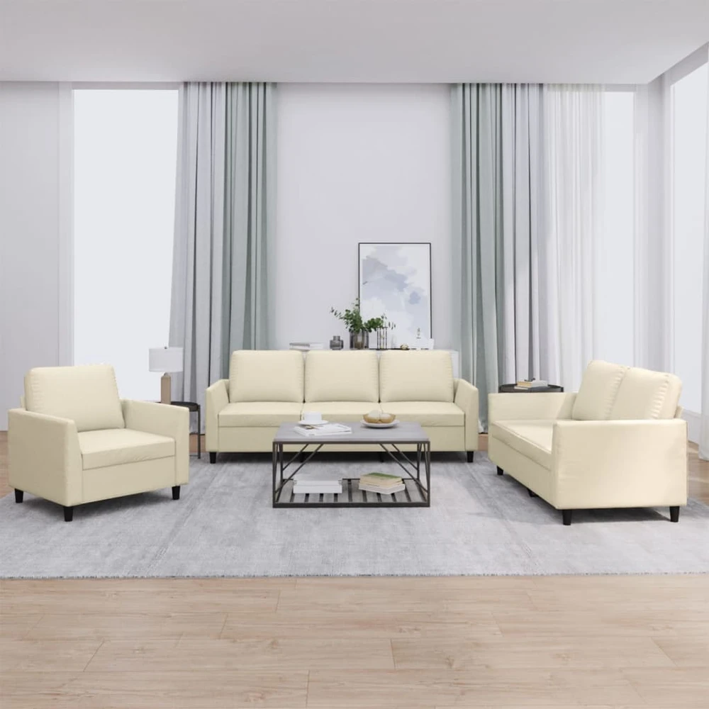 Sofa Sofos komplektas su pagalvėmis, 3 dalių, kreminis, dirbtinė oda
