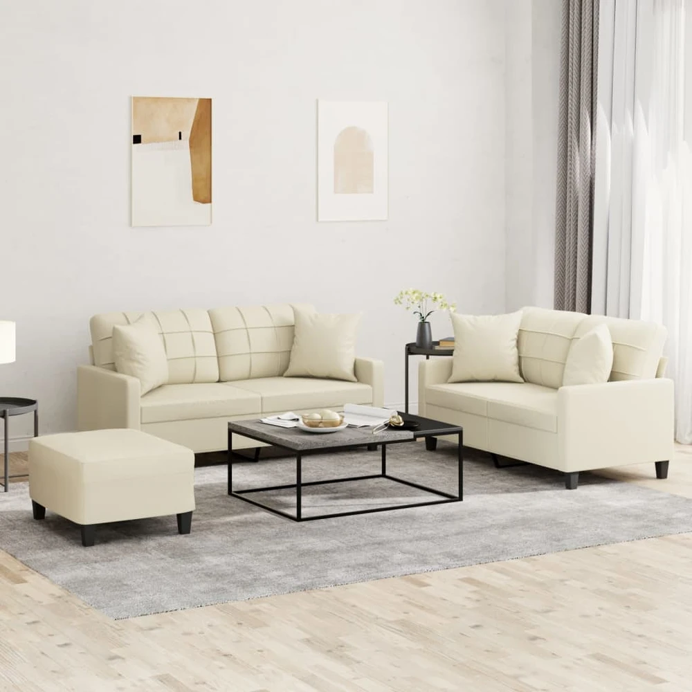 Sofa Sofos komplektas su pagalvėmis, 3 dalių, kreminis, dirbtinė oda