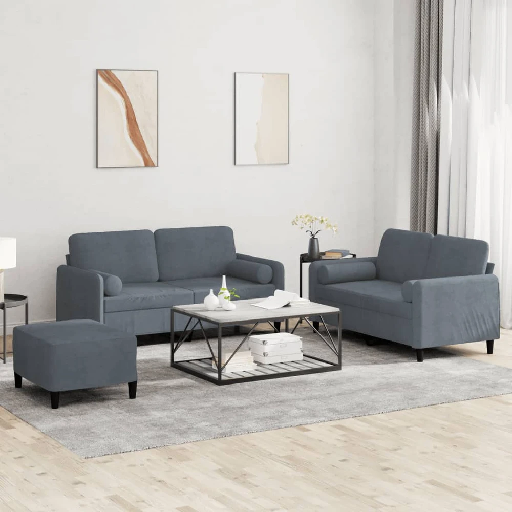 Sofa Sofos komplektas su pagalvėmis, 3 dalių, pilkas, aksomas
