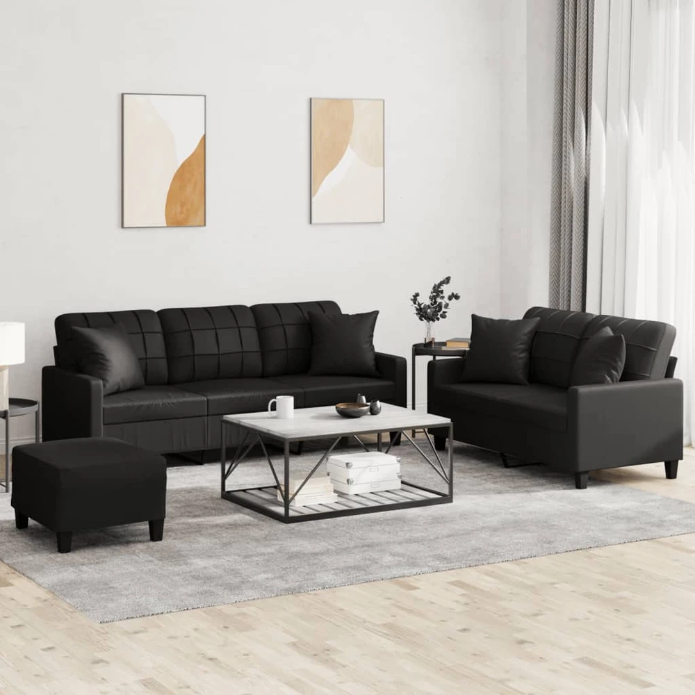 Sofa Sofos komplektas su pagalvėmis, 3 dalių, juodas, dirbtinė oda