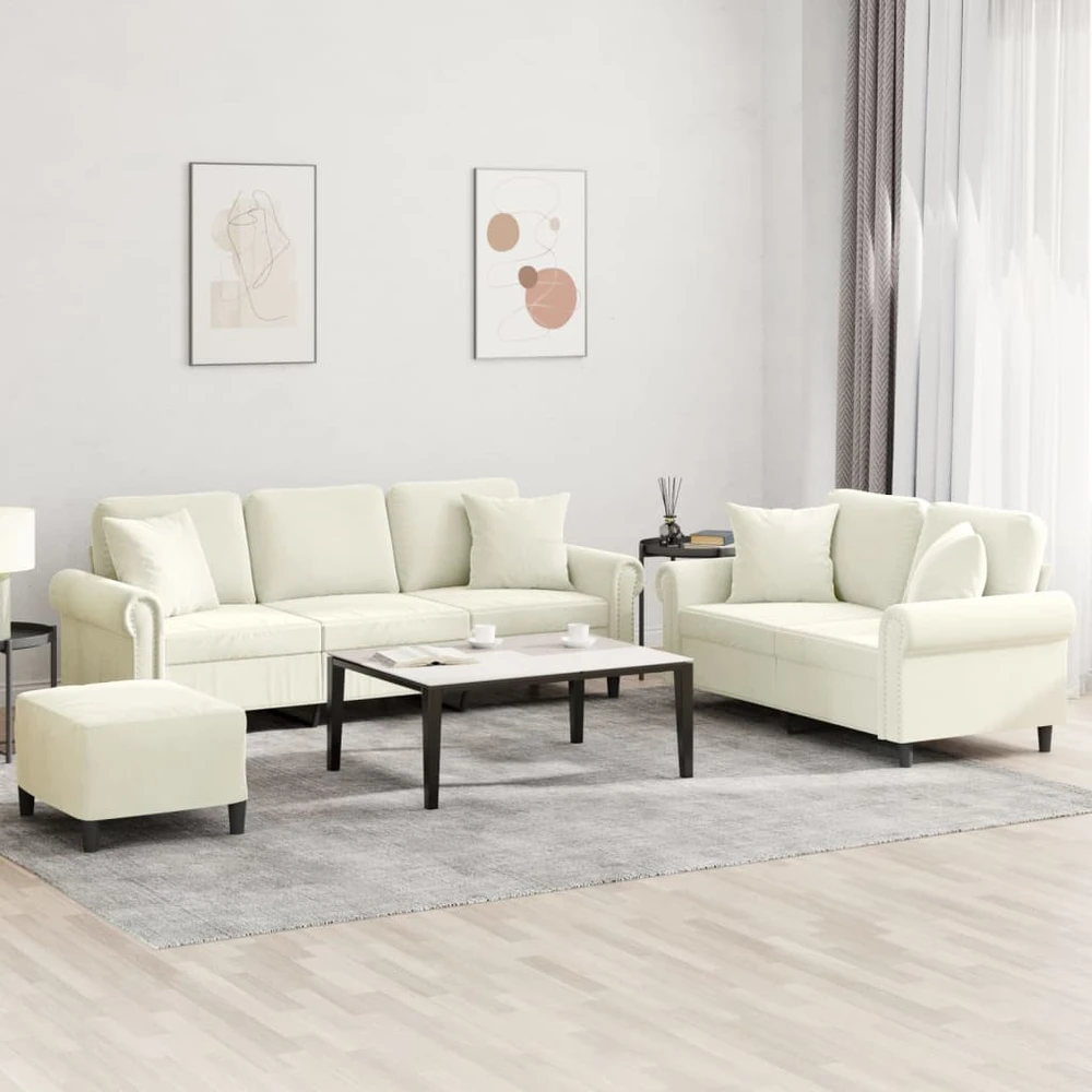 Sofa Sofos komplektas su pagalvėmis, 3 dalių, kreminis, aksomas