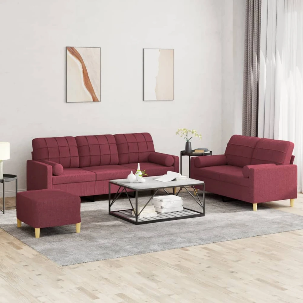 Sofa Sofos komplektas su pagalvėmis, 3 dalių, vyno, audinys