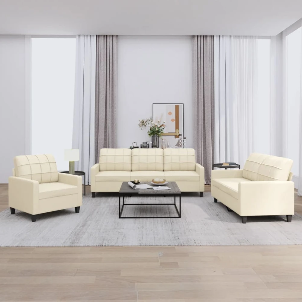Sofa Sofos komplektas su pagalvėmis, 3 dalių, kreminis, dirbtinė oda