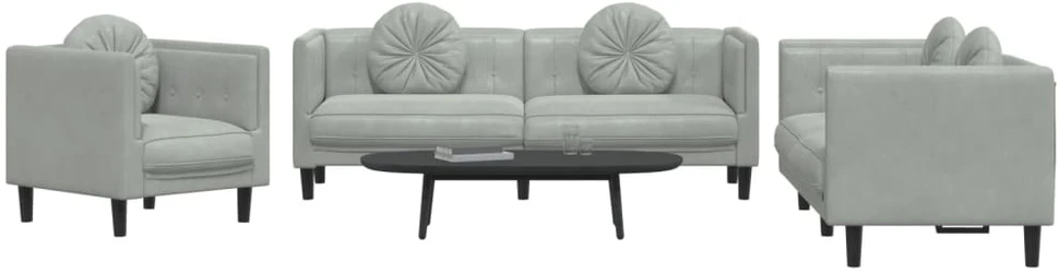 Sofa Sofos komplektas su pagalvėmis, 3 dalių, pilkas, aksomas