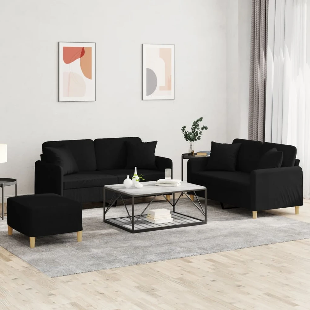 Sofa Sofos komplektas su pagalvėmis, 3 dalių, juodas, audinys
