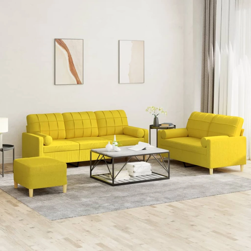 Sofa Sofos komplektas su pagalvėmis, 3 dalių, geltonas, audinys