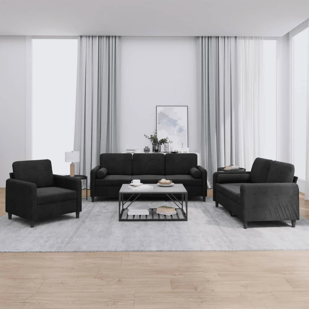 Sofa Sofos komplektas su pagalvėmis, 3 dalių, juodas, aksomas