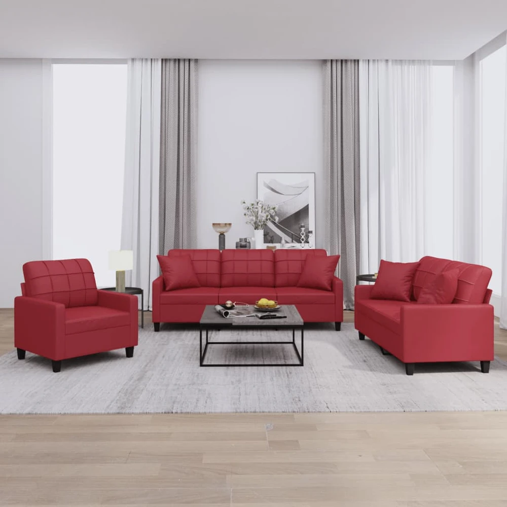 Sofa Sofos komplektas su pagalvėmis, 3 dalių, vyno, dirbtinė oda