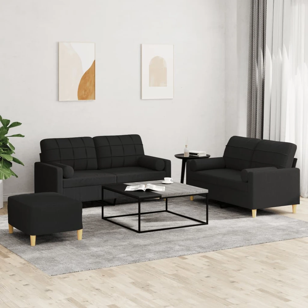 Sofa Sofos komplektas su pagalvėmis, 3 dalių, juodas, audinys