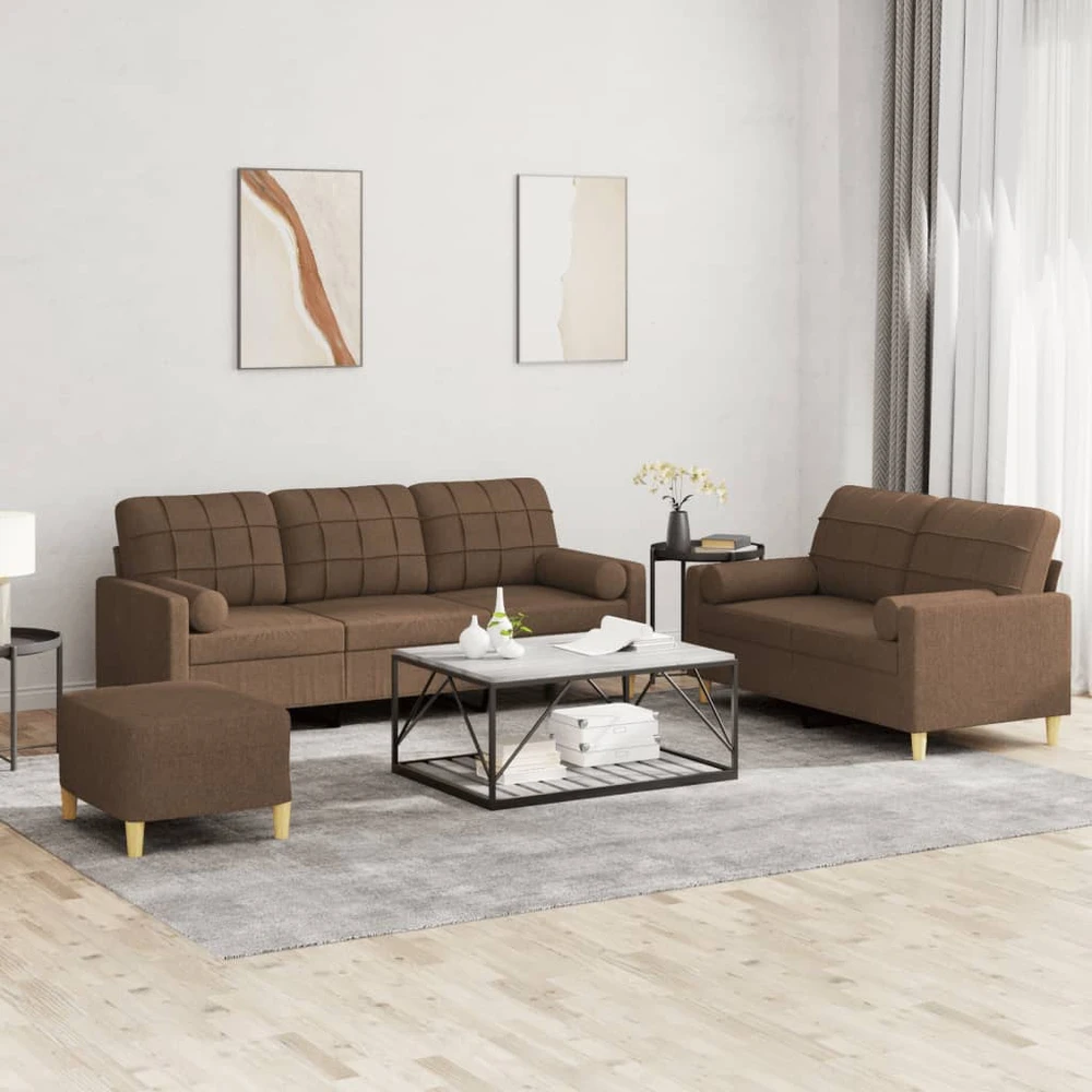 Sofa Sofos komplektas su pagalvėmis, 3 dalių, rudas, audinys